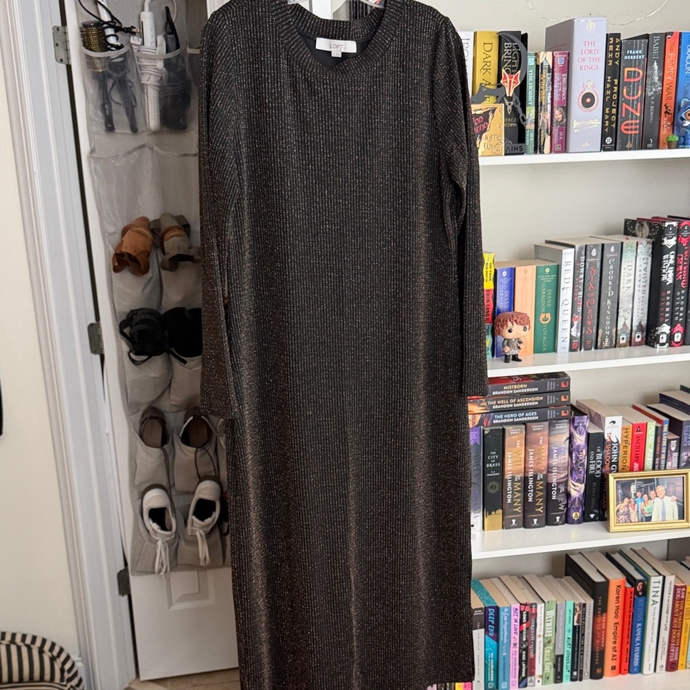 Loft Sparkle Long Sleeve Metallic Knit Dress - Black/Gold